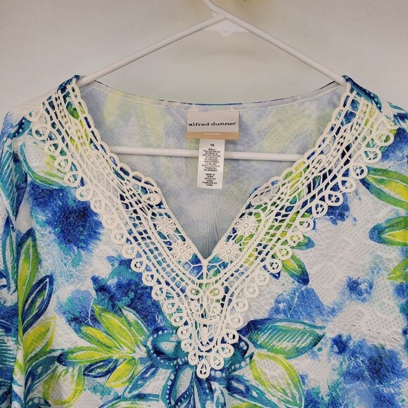 Alfred Dunner Waikiki Printed Lace Trim Tropical Floral Top 3/4 Sleeve Blouse Sh - Picture 4 of 7